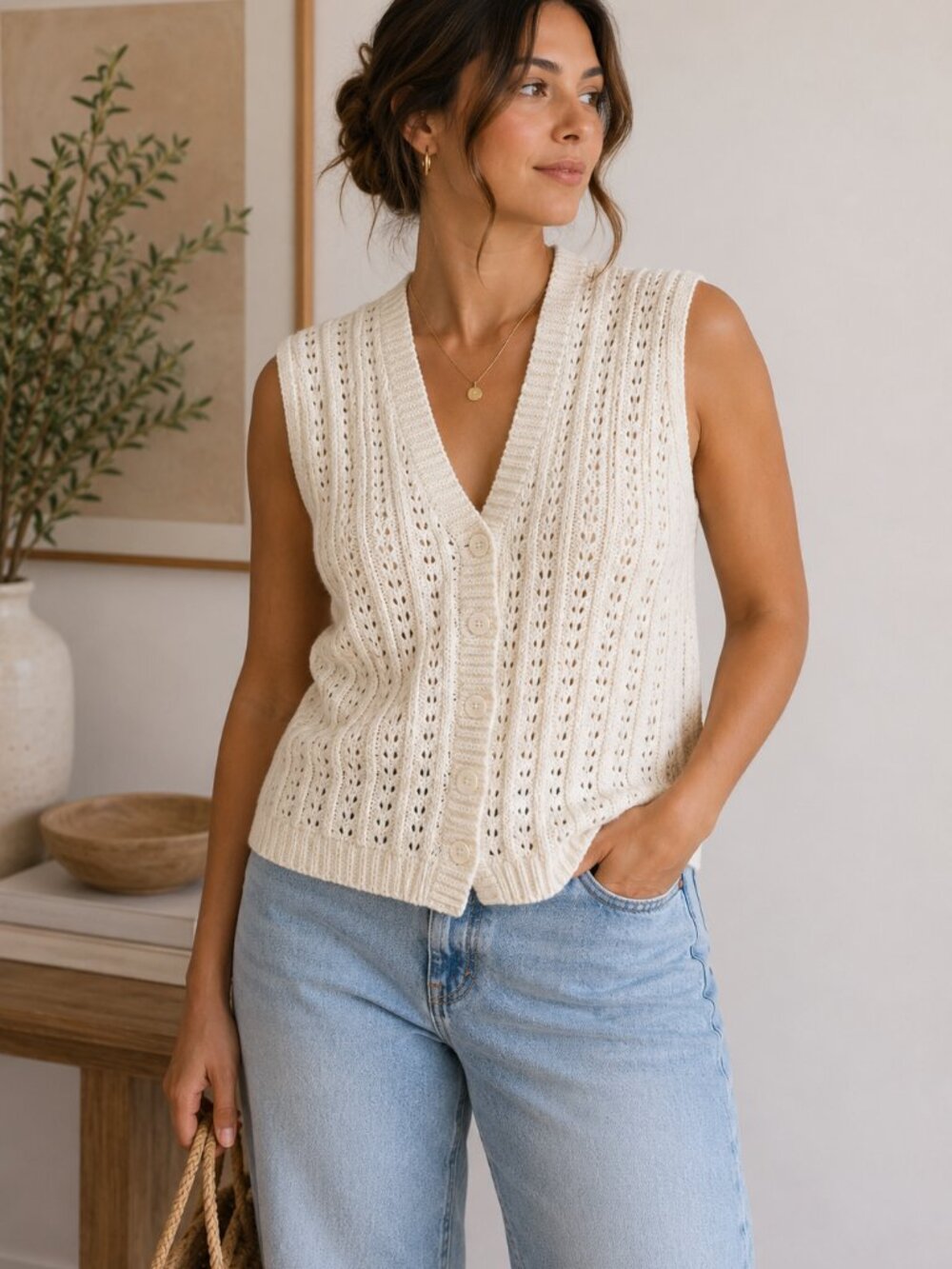 Vintage Cream Open Knit Sweater Vest L Button Front Crochet Style Handmade ✨